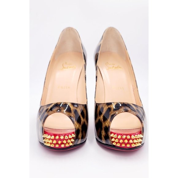 Christian Louboutin Pumps NEW VERY PRIVE Leopard Gold Peep Toe Heels Size 37.5 - Picture 6 of 10